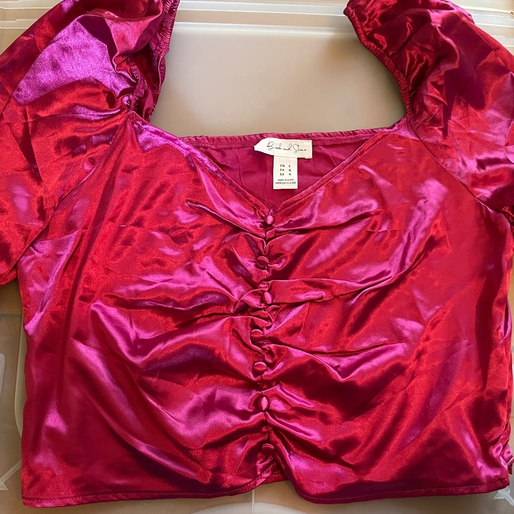Pink Silk Button Up Crop Top with Sleeves